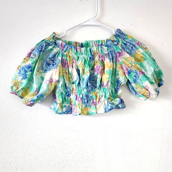 Zara Floral Printed Puff Sleeve Off The Shoulder Top - Picture 2 of 9